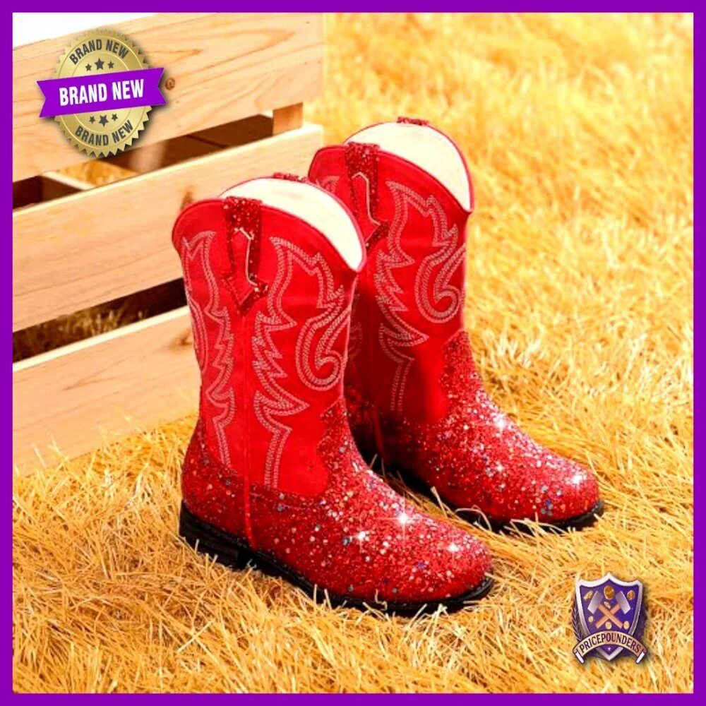 Glitter Cowgirl Boots Mid Calf Western Riding Shoes Toddler Kids Square Toe